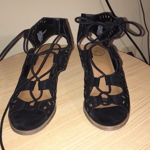 Lace front cagged block heel sandals